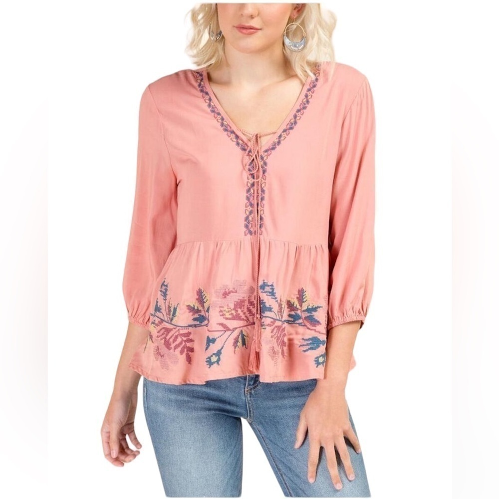 Francesca's Size Medium Pink Embroidered Peplum Bohemian Style Top